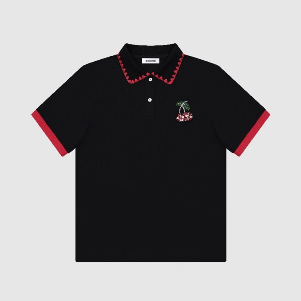 B.Sure Black Retro Cherry Embroidered Polo Shirt